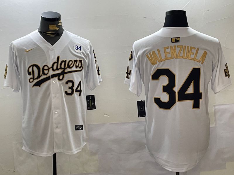 Men Los Angeles Dodgers 34 Valenzuela White Gold Game 2024 Nike MLB Jersey style 1120